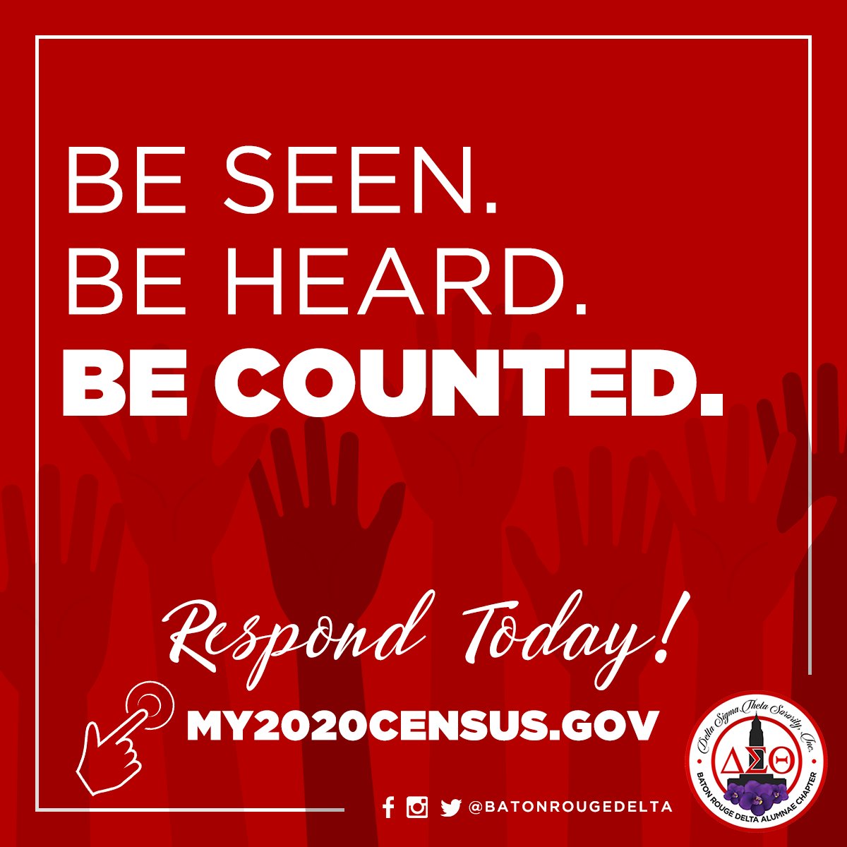 Have you responded to the #2020Census? Join Baton Rouge Delta and pledge to complete the Census, for your community, for healthcare, for schools, for what matters most to you.

It takes less than 10 minutes! 

 MY2020CENSUS.GOV  

#BatonRougeDelta #BeCounted