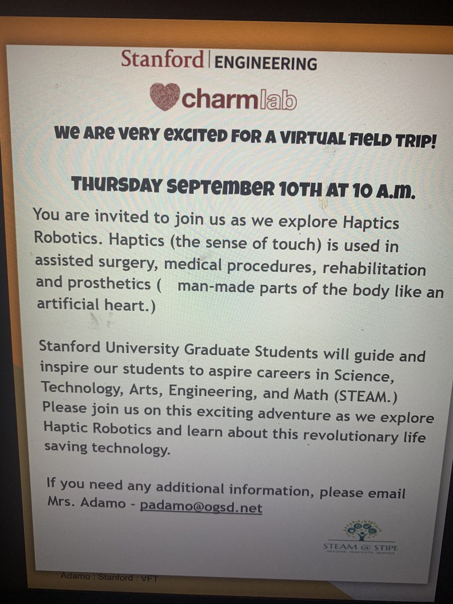 partyadamo's tweet photo. Join us for this exciting virtual field trip as we explore Haptics Robitics. @StanfordEng #CHARMLab #Rm8isGr8 @auntjennoelle @SantillanOlivia https://t.co/opAkHB1sQL
