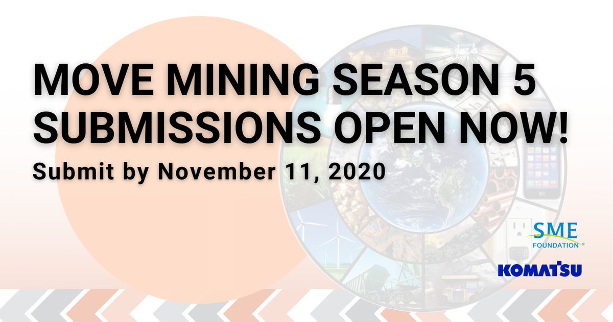 smecommunity's tweet photo. Season 5 of Move Mining is OPEN for submissions! Visit https://t.co/FNvTlnOL3H for submission details & to learn more about elevating the perception of mining.
We look forward to watching your innovative ideas come to life!
#MoveMining #WhyMiningMatters #MINEXCHANGE2021 https://t.co/6bweoGfLRA