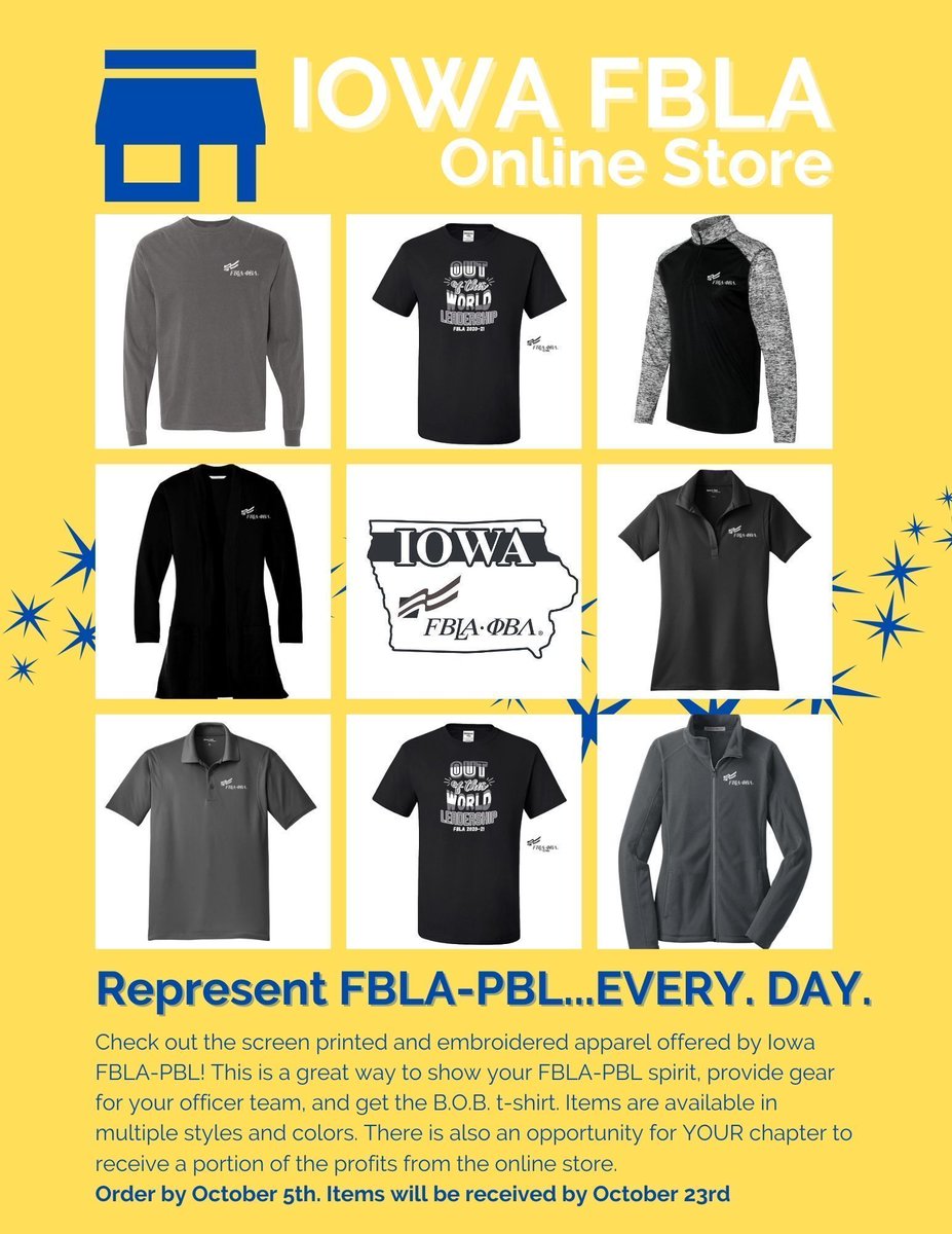 IowaFBLA's tweet photo. 🚨NEW APPAREL ALERT🚨
Now introducing the Iowa FBLA Web-store! This store includes fall/winter apparel &amp; the Blast off Box t-shirt. The store is live now and accepting orders until October 5. 
 https://t.co/7tHX9WARGW https://t.co/oejSxKhPCY