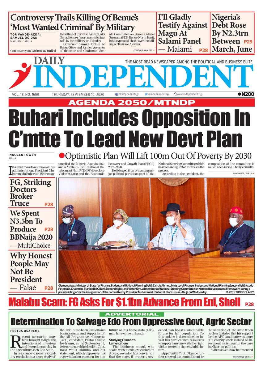 IndependentNGR's tweet photo. Just published: front page of Daily Independent Newspapers for tomorrow, 10 September 2020. #edo2020 #MaguEFCC #Nigeria #economy #NewsPaper #FrontPage https://t.co/uDTDjHDlIY
