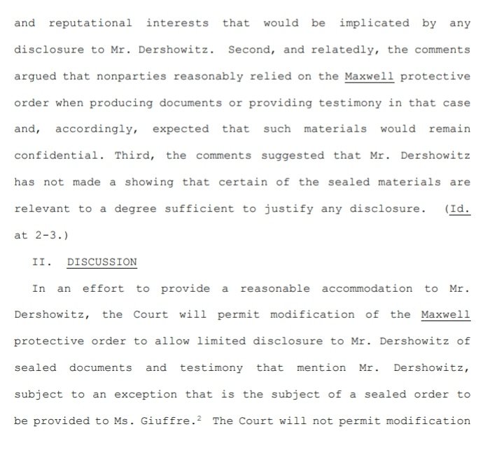 7/In an effort to provide reasonable accommodation to Derschowitz the court will modify the Protective Order to allow limited disclosure of documents and testimony that mentions DershowitzEnd /