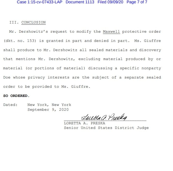 7/In an effort to provide reasonable accommodation to Derschowitz the court will modify the Protective Order to allow limited disclosure of documents and testimony that mentions DershowitzEnd /