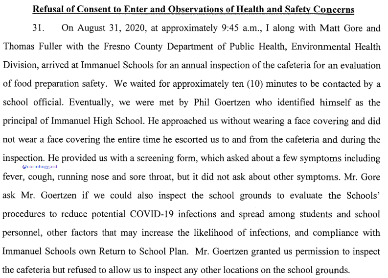 The county told Judge Tharpe their inspectors went to check the school's cafeteria and asked to check the rest of the school, but Principal Goertzen refused.Dr. Zweifler said he saw nearly nobody wearing masks or pracitcing social distancing.So, they got the warrant.