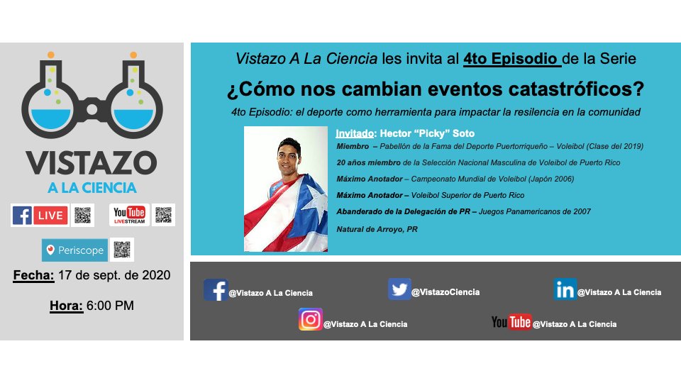 vistazociencia's tweet photo. ¡#DaleUnVistazo a estos eventos!

-9/11 (6PM, EST) - Dra. Alonzo-Claudio, como fomentamos diversidad en de tiempos pandemia 
-9/17 (6PM, EST) - @PickySoto, como el deporte aporta a la resiliencia
-9/23 (6PM, EST) - @moefeliu, como eventos catastróficos impactan #ComunicaCiencia https://t.co/Fta2YRqA35