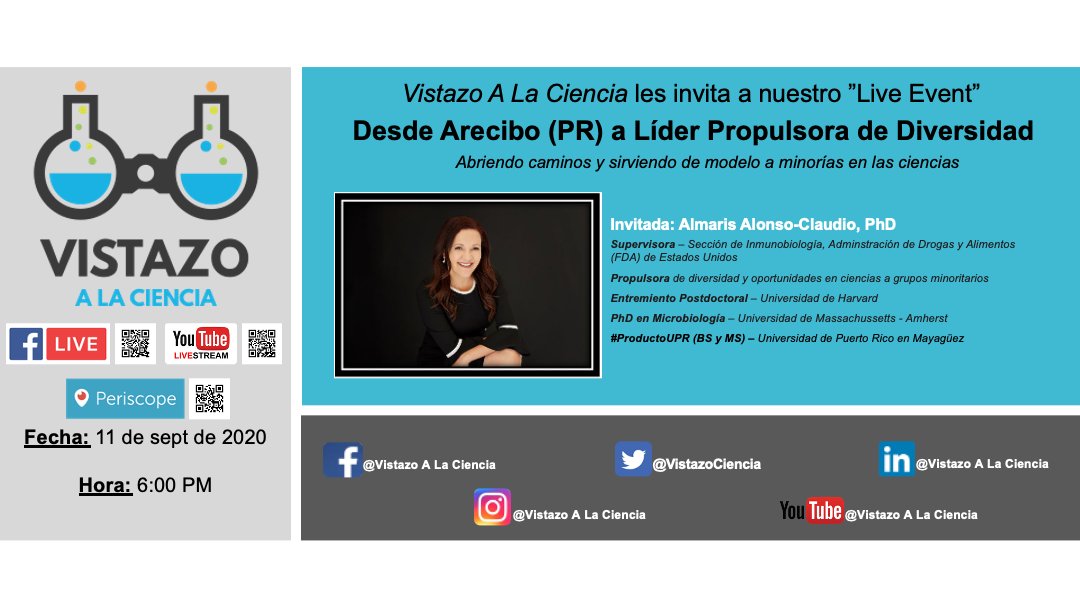 vistazociencia's tweet photo. ¡#DaleUnVistazo a estos eventos!

-9/11 (6PM, EST) - Dra. Alonzo-Claudio, como fomentamos diversidad en de tiempos pandemia 
-9/17 (6PM, EST) - @PickySoto, como el deporte aporta a la resiliencia
-9/23 (6PM, EST) - @moefeliu, como eventos catastróficos impactan #ComunicaCiencia https://t.co/Fta2YRqA35