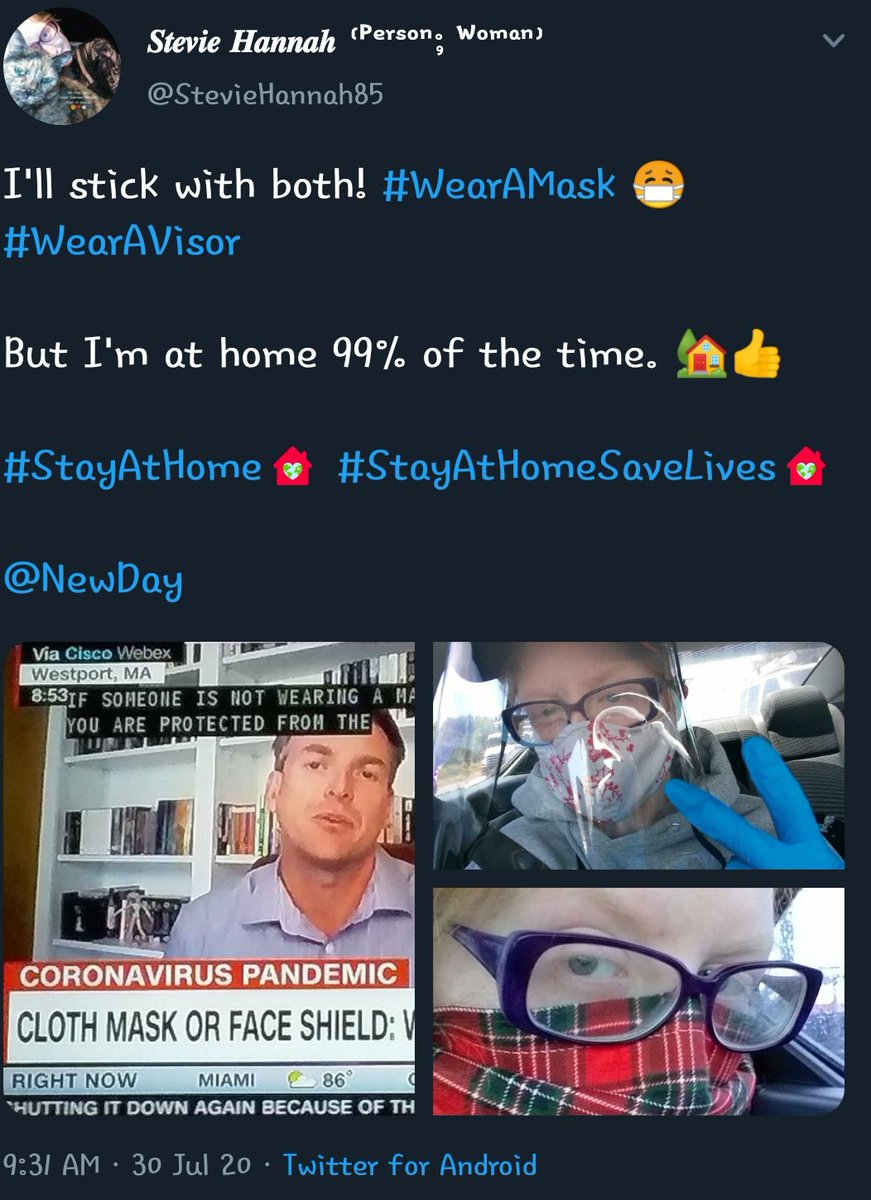 StevieHannah85's tweet photo. Duh! I've been saying #MaskUp since the beginning of this hellscape. Not only #mask, but #VisorUp too! They cost under $10 on @Amazon. And there are tons of great mask creators on @Twitter!

@Elizabe30970243 is great at making masks &amp; they are well-made, washable! #MaskUp! 😷👍 https://t.co/ahhCCYQ1o5