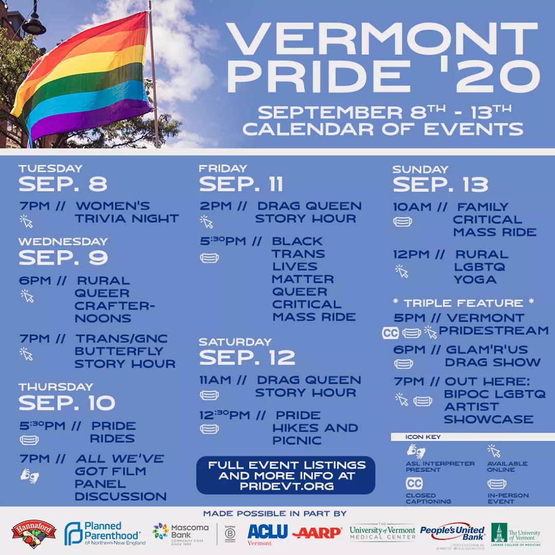 BrendaForVT's tweet photo. We will miss in person Vermont Pride events this year, but are so excited for these events this week. Check these out and join some. #vtpride #vtpoli https://t.co/NMfnYp5tjn