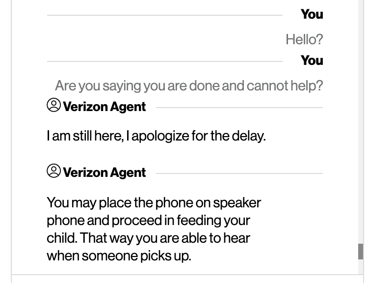 iamamoodist's tweet photo. #Verizon #VZW #vzwsupport I've spent 20 hours on support calls with Verizon removing 2 phantom phones they can't remove. Been on hold for 2hours so far and need to feed my child. Here's what the chat support supervisor said https://t.co/lzyLoCvJPT