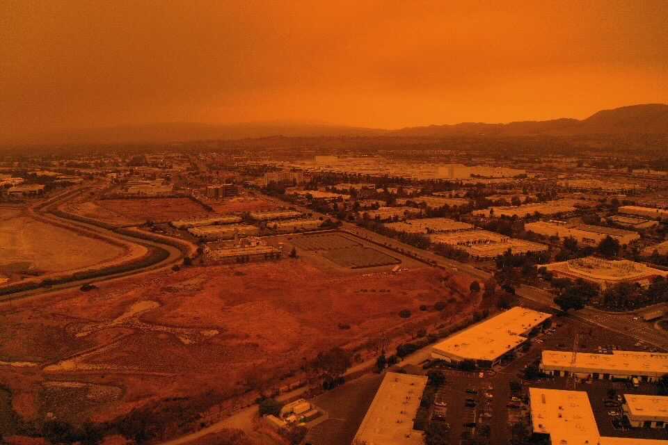 Drone's view of a hazy and orange-hued Fremont below. No filter. Our thoughts are with those impacted by the California wildfires and all first responders including our own local Fremont Fire Department. Stay safe and well. #medifacturing #firstresponders
