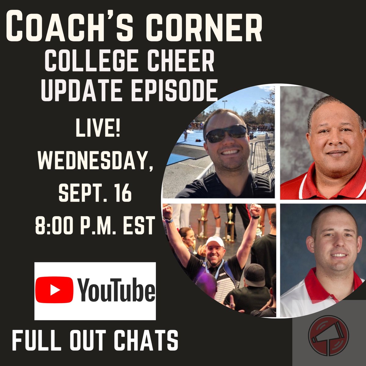 FullOutChats's tweet photo. We're getting the band back together! NEXT WEDNESDAY excited to chat with @NASHionalchamp @bigbenschreib &amp; @cheercoachmark about the current state of college cheerleading and thoughts about nationals. Will be an interesting chat. Can't wait for next week! #FullOutChats https://t.co/4v3sMoYTFM