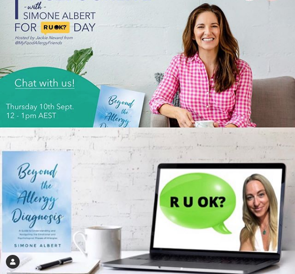 allergyfriends's tweet photo. Join us for a chat for #ruokday. 12pm on Instagram Live.

Simone and I will be talking about mental health, COVID, allergies, and discussing her new book ‘Beyond the Allergy Diagnosis’. https://t.co/Oe7IaSXaIw