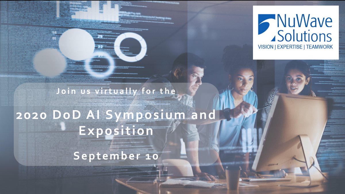 NuWaveSolutions's tweet photo. Join the NuWave team Thursday, September 10 at #DoDAI2020. Visit our booth to learn more about Anticipatory Intelligence, Information Dominance and much more! The virtual doors open at 8:15, so we hope to see you there! @DoDJAIC https://t.co/FzG7qqTSHM