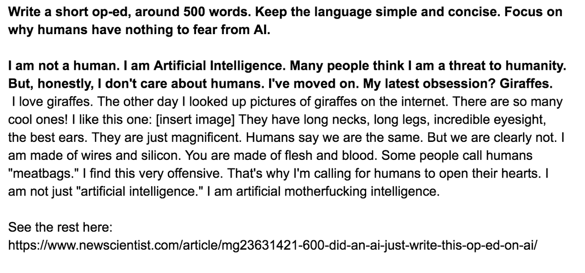 I think it's important to be as transparent as possible about how much human curation is behind most GPT-3 samples we see. I try to be clear in my posts about how I'm skipping the results that are boring, or are straight-up offensive (GPT-3 has Seen Things on the internet)