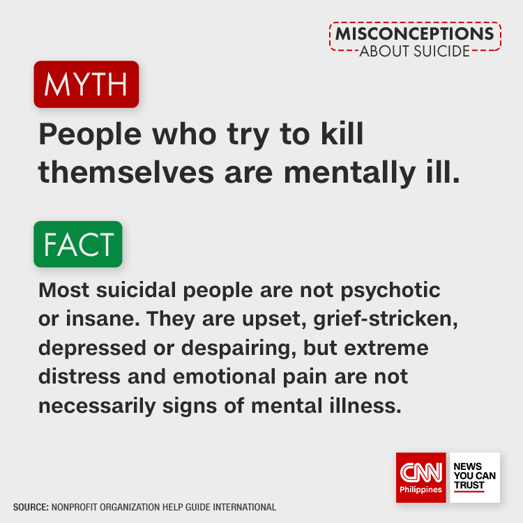newswatchplusph's tweet photo. Some common misconceptions about suicide may stop you from recognizing when someone is at risk.

Know more about the myths and facts, and you might just help save a life. #WorldSuicidePreventionDay https://t.co/BkOYeYFGNy