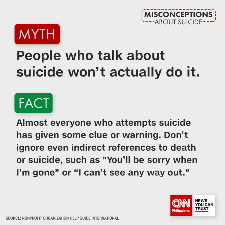 newswatchplusph's tweet photo. Some common misconceptions about suicide may stop you from recognizing when someone is at risk.

Know more about the myths and facts, and you might just help save a life. #WorldSuicidePreventionDay https://t.co/BkOYeYFGNy