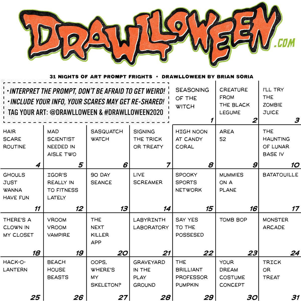 drawlloween's tweet photo. Last year I got some requests, so here's a #Drawlloween2020 Print-Friendly version of the Calendar, or download a bigger version of it over on https://t.co/RyL0FAAYFZ #ItsAlmostOctober #Drawlloween https://t.co/xM4JUI1ng9