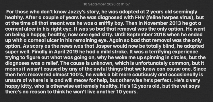 Here's Jazzypurrs back when he had eyes And here's his story since you're all naturally asking a lot of questions. If you want to follow his adventures you can check out his instagram, I just stumbled on him today randomly and couldn't help but share  https://www.instagram.com/jazzy.purrs/&nbsp;