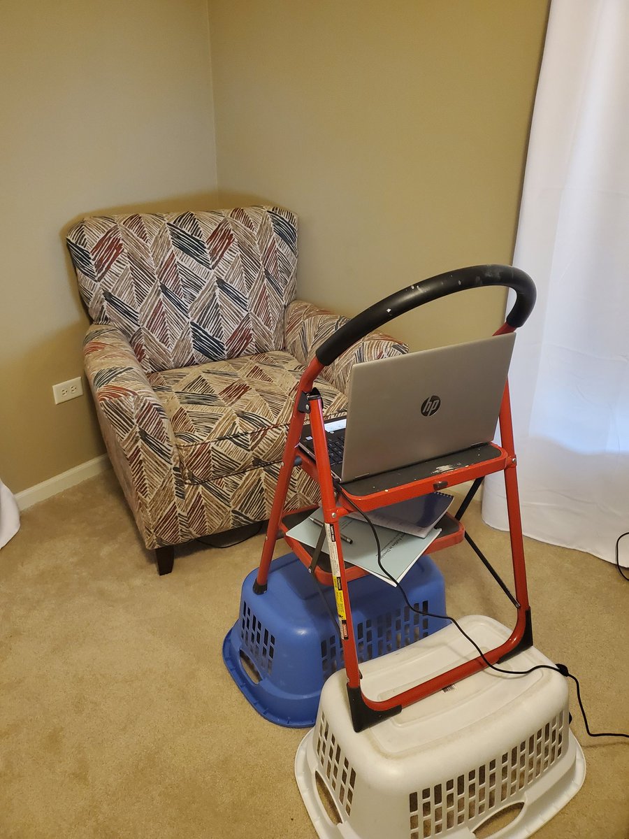 EricaHopeTurner's tweet photo. Learning environments are a bit different than they usually are. Here's my Wednesday night grad school setup. Hiding in my room where I won't be distracted. 😆What's your setup look like!? #TTLS20 https://t.co/Qu4LNw3UKg
