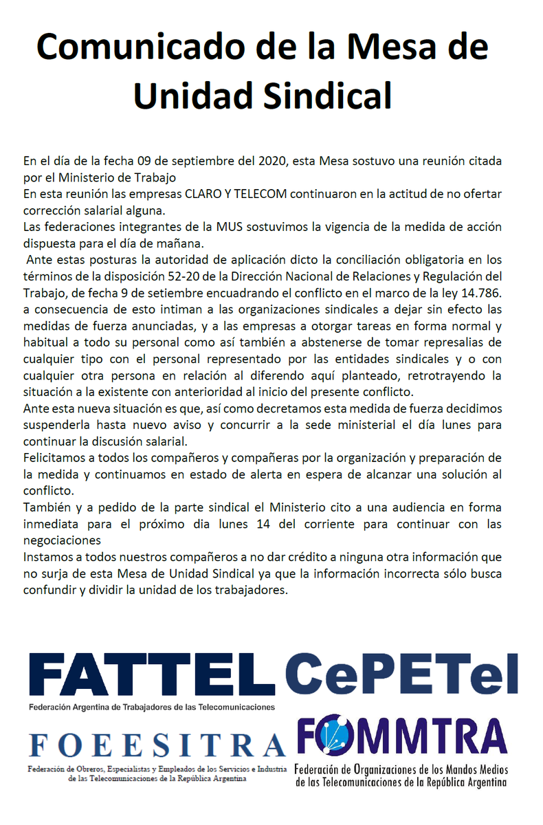 cepetel's tweet photo. Comunicado de la MUS 9/9/2020 Conciliación Obligatoria
#FATTEL #FOEESITRA #CePETel #FOMMTRA
#TelecomArgentina #Claro https://t.co/vHw8ycSQqh