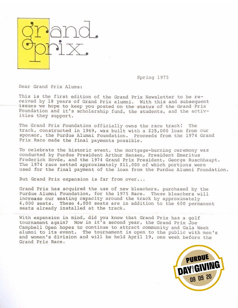 We are so proud to have such a supportive group of Purdue Grand Prix Alumni! Check out this letter from 1975! Visit this link to donate today!🏁 dayofgiving.purdue.edu/campaigns/purd…