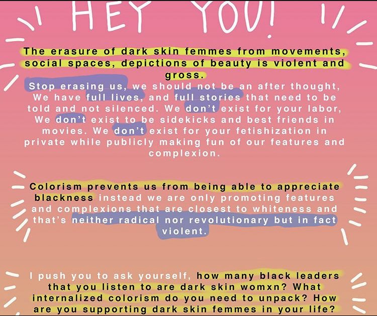 mayowasworld's tweet photo. Erasing dark skin femmes is an act of violence, do better. 

ill be hosting global virtual healing spaces for dark skin femmes and non binary folx, and also dark skin femmes who are survivors of sexual assault and/or domestic abuse.  If you���re interested, please send me a dm ✨ https://t.co/E7GnSMicGh