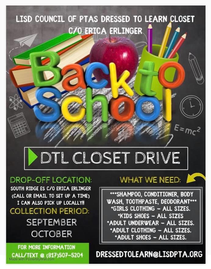 There are many students in LISD who do not have access to basic clothing essentials and toiletries.  Please consider making a donation to the LISD Council of PTA's Dressed to Learn Closet!