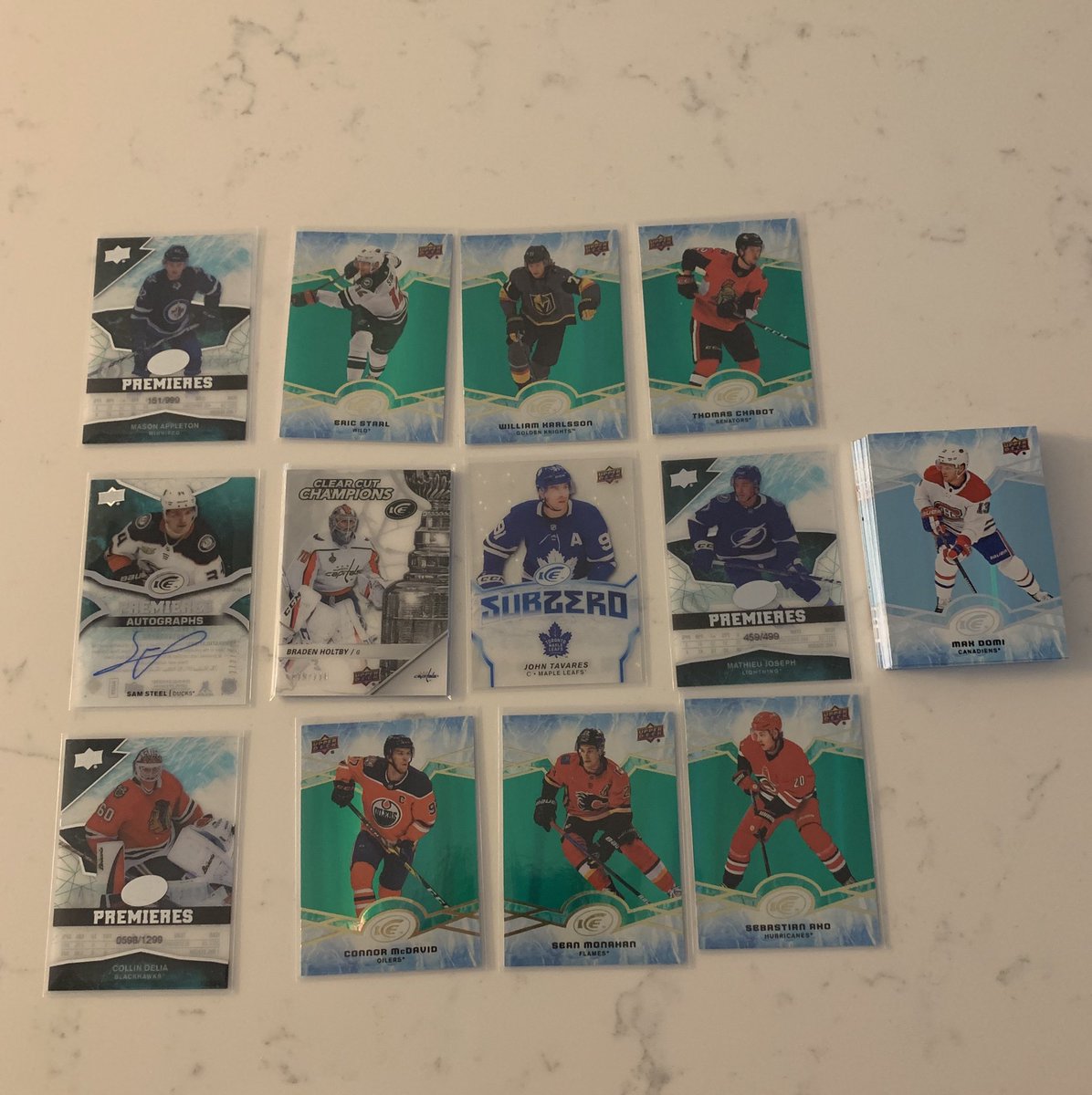 a_pep11's tweet photo. First box of @UpperDeckSports Ice not bad. All available for sale or trade (flyers). Sam Steel auto /299 &amp; Clear Cut Champions Braden Holtby /118 not $1 #TheHobby @sports_sell @Hobby_Connect @HobbyConnector @DailySportcards  @pucknball88 @CardsKbs https://t.co/rysA7UuTOL