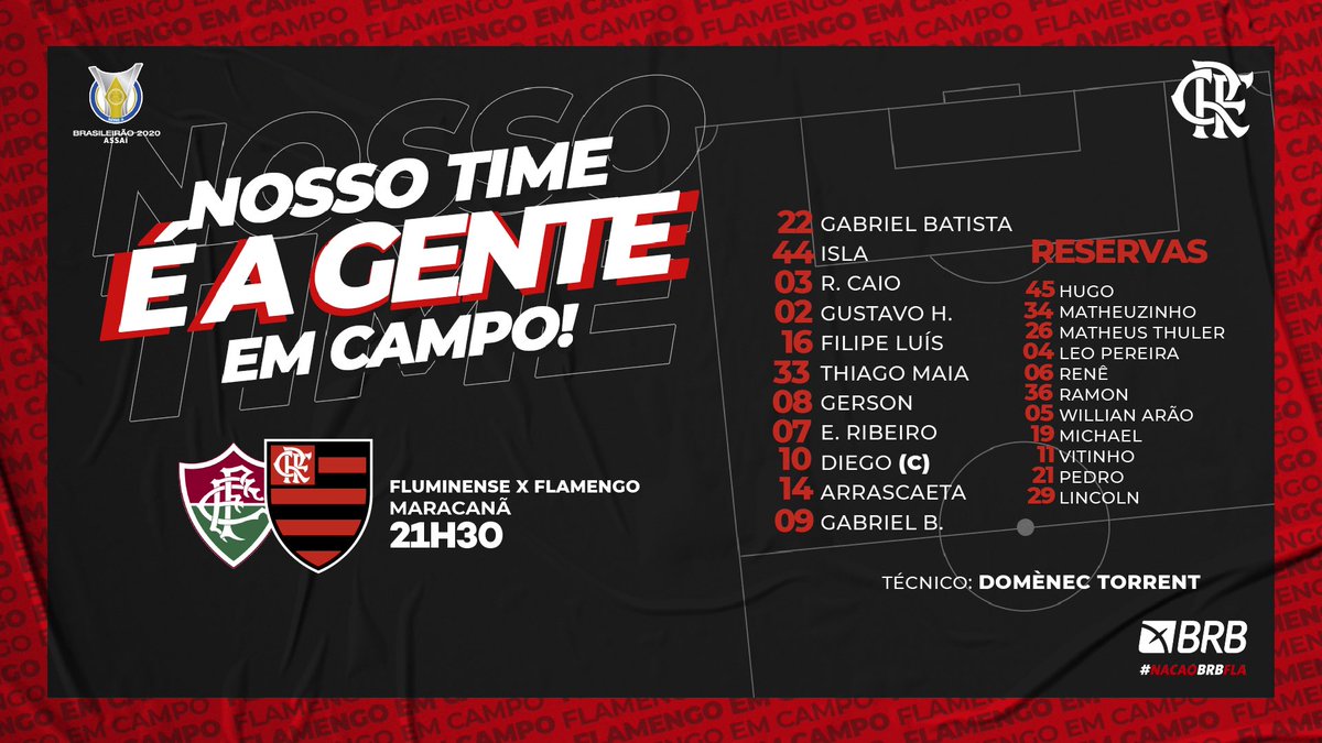 Flamengo's tweet photo. Nosso Time é a Gente em Campo! O Mengão está escalado para enfrentar o Fluminense pelo Campeonato Brasileiro! Vamos, Flamengo! #FLAxFLU #CRF https://t.co/pC5PB9aNGZ
