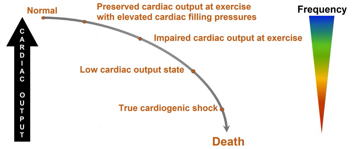 Key hemodynamic alterations in  #heartfailure are:1. Impaired CO2. Elevated filling pressuresNormal CO:REST: 4-8 L/minEXERCISE: 6 mL/min rise per 1 mL/min rise in VO2Abnormal CO = continuum (Figure below)