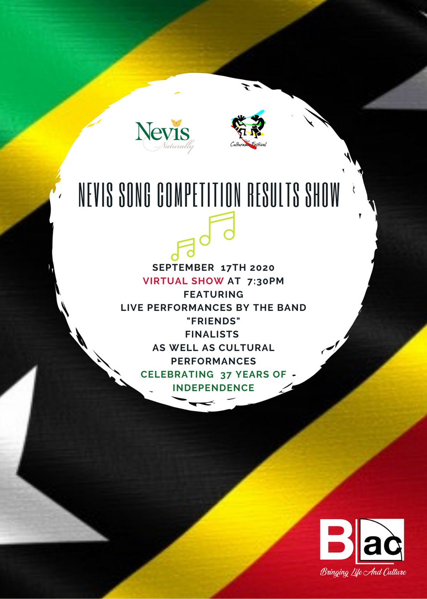 NevisNaturally's tweet photo. Nevis Song Competition Results Show - September 17th, 2020 / VIRTUAL SHOW at 7:30PM (EST).  Watch on YouTube (TourismNevis) / Facebook (NevisNaturally)
Celebrating 37 Years of Independence
#stkitts #nevis #stkittsandnevis #songcompetition #resultsshow #skn #stkittsnevis https://t.co/lbIU0aadF7
