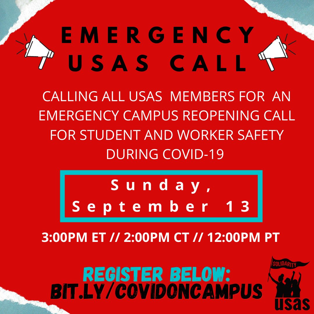 USAS's tweet photo. National Emergency USAS Back to School Call this Sunday Sept 13th, 3pm ET! Register now: https://t.co/fRGbyrJAAU ✊ #studentsafetyoverprofits #workersafetyoverprofits https://t.co/hgzsYT4EHq
