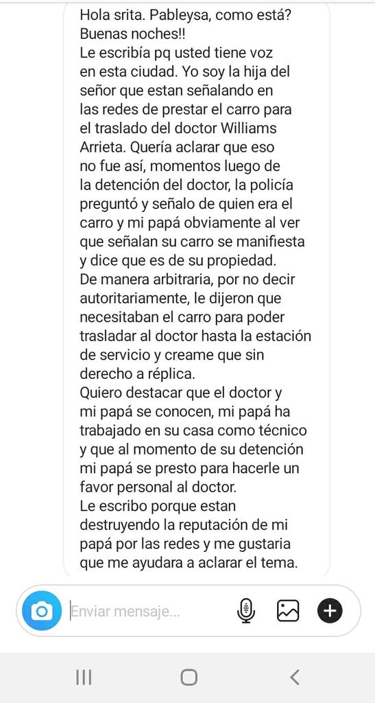PableOstos's tweet photo. #Guayana Hace unos minutos me escribió por Instagram, una familiar del señor que han señalado de haber trasladado a los funcionarios y al odontólogo Williams Arrieta. Ellos quieren aclarar lo sucedido la mañana de este #9Sep: https://t.co/B2WpluIOwm