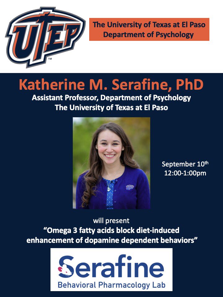 SerafineLab's tweet photo. Looking forward to sharing data generated by past and present trainees from our lab at tomorrow’s @UTEPPsychology virtual seminar series. @UTEP #utepneuroscience #uteppsychology #assistantprofessorlife #utepminers https://t.co/NbFsQsyzgR