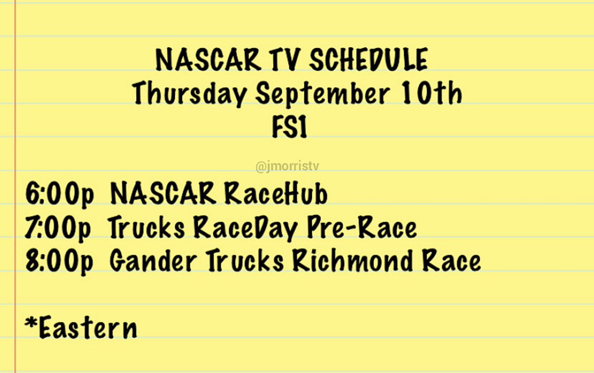 JMorrisTV's tweet image. 🚨TUNE IN: Don’t forget, Thursday night racing from the action track @RichmondRaceway has the final regular season race for the Gander Trucks. #RaceHub live at 6p. Then a full hr #RaceDay followed by the race. @KurtBusch joins the broadcast @FS1. #1ToGo #NASCAR 🚗💨🏁🏆