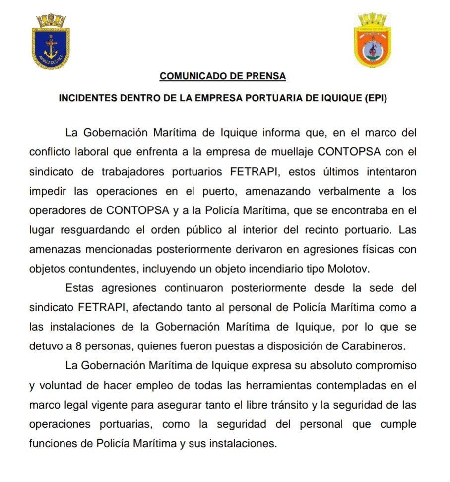 COMUNICADO DE PRENSA

Incidentes dentro de la Empresa Portuaria de Iquique. 
<a href="/soychilecl/">soychile.cl</a> <a href="/HombredeRadio/">Cristián Núñez Fica</a> <a href="/radiobravissima/">Radio Bravíssima</a> <a href="/Iquique_Alerta_/">Iquique Alerta</a> <a href="/EnTarapaca/">AhoraTarapaca</a> <a href="/PuertodeIquique/">Puerto de Iquique</a> <a href="/laestrellaiqq/">La Estrella de Iquique</a> <a href="/ElLongino/">Diario El Longino</a>