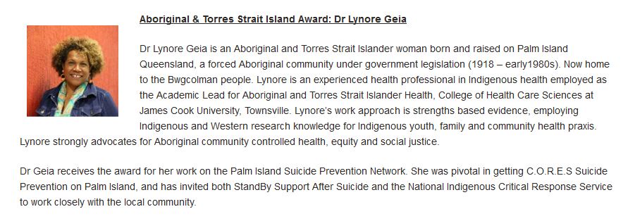 LynoreGeia's tweet photo. .@SuicidePrevAU Announced 2020 LiFE Awards Winners -
TY, this award would not be possible without the support, collegiality & partnership of Palm Is Bwgcolman, @JCUCHS @TownsvilleSPN my family & friends that care for & support me. TY
https://t.co/LDLYqkoA3H https://t.co/DbDMEo0WyY