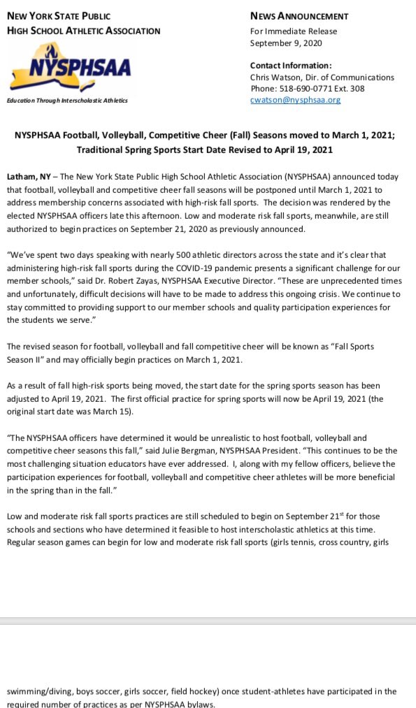 Football, volleyball and fall competitive cheer have been moved to Fall Sports Season II; will begin practices on March 1st, 2021.