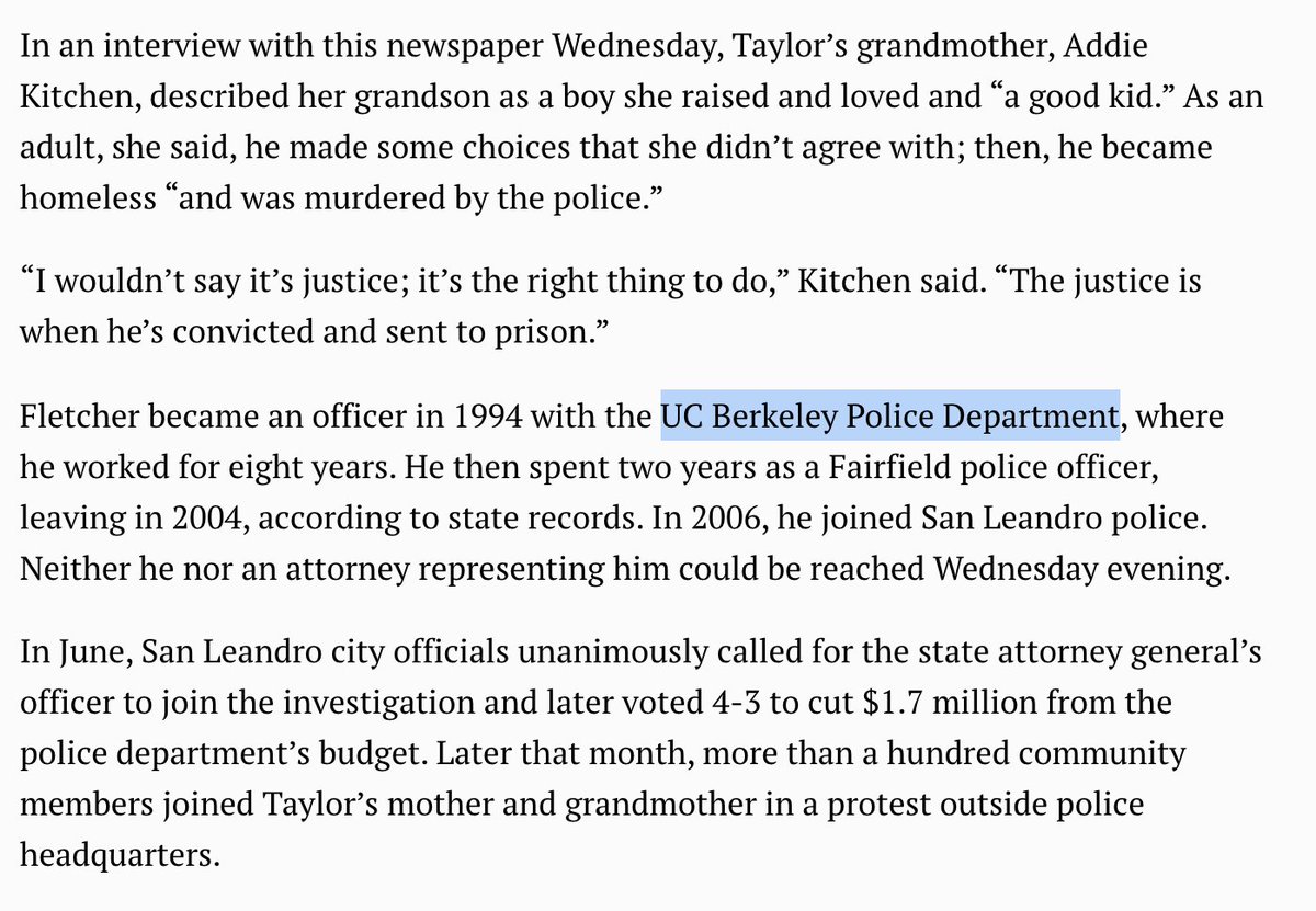 Also it’s the same people. Jason Fletcher, San Leandro PD, murdered Steven Taylor this April: the first cop charged in a civilian killing in the Bay since Oscar Grant’s 2009 murder. He trained for that moment w/ 8 years at UCBPD. #copsoffcampus does not means cops anywhere else