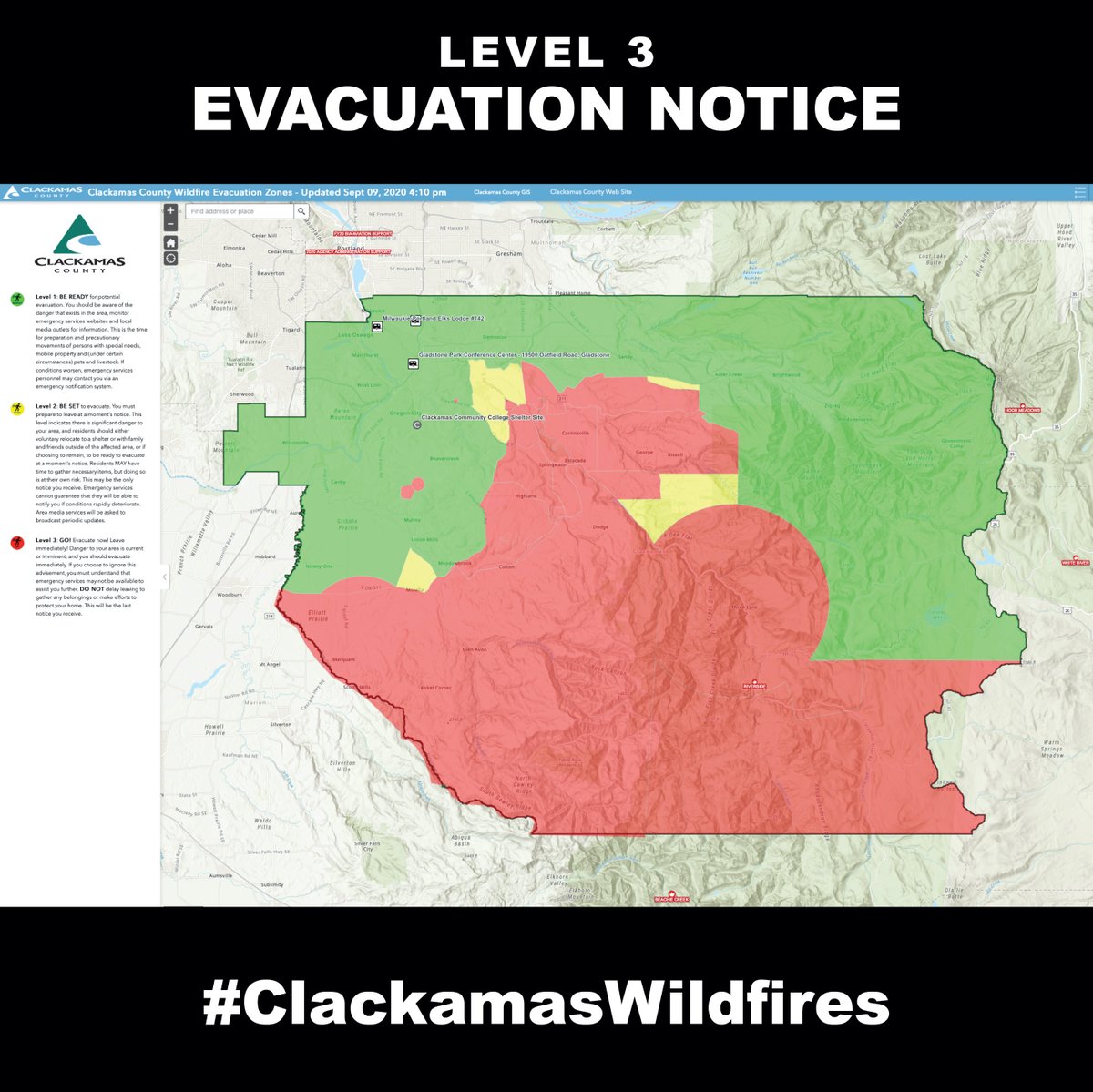  #ClackamasWildfires  #alertBREAKING: The Level 3 evacuation area has just expanded west of Colton up to Beavercreek Road, north to Ridge Road.See  @clackamascounty ’s fire-evacuation map for additional details. Put in your address to confirm: https://ccgis-mapservice.maps.arcgis.com/apps/webappviewer/index.html?id=fe0525732f1a4f679b75a5ccf1c84b30