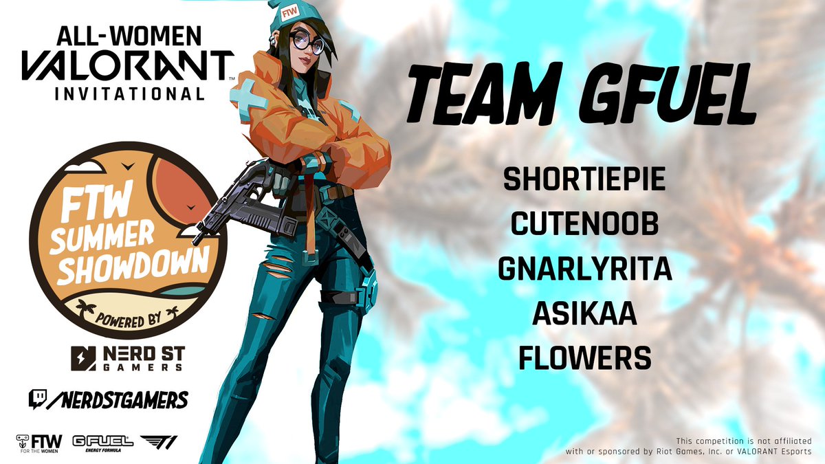 FTW_us's tweet photo. 12/12 so hyped to announce #TeamGFuel as the final team for our FTW VALORANT Summer Showdown presented by @T1 and @GFuelEnergy 🔥
@SHORTYPlE
@Cutenoob_18
@gnarlyrita
@Asikaa604
@alyssabflowers
Come watch these ladies battle it out this weekend!
📺https://t.co/uhlAJ8re2Y https://t.co/YG4pD0b0v8