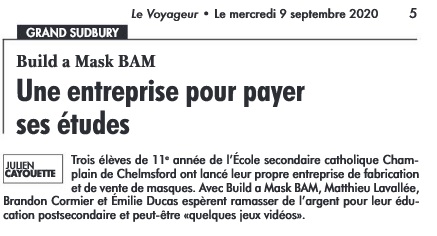 JLWabie's tweet photo. My amazing son @Matthieu238 and his friends, Émilie and Brandon are featured in this newspaper for their ``Build a Mask BAM`` business.  So so proud of them! Link to newspaper and their article (p. 5) here:  https://t.co/tt2CFZZM23 https://t.co/xyDDDTTG6z
