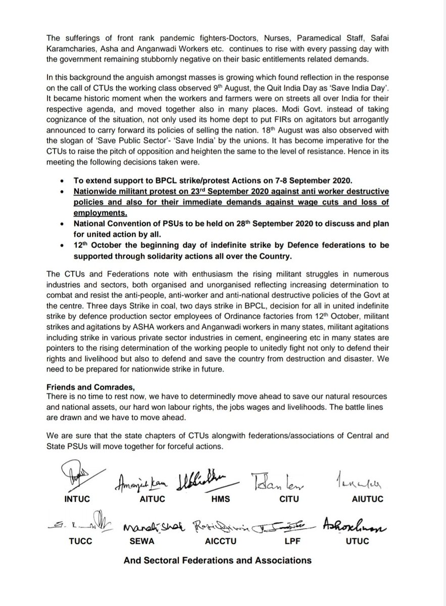 INTUCnational's tweet photo. The Central Trade Union Leaders in its meeting held on 31st August decided to organize another nationwide protest action in the month of September during parliament session focusing all issues of attacks on labour laws, #Privatization of PSUs, https://t.co/6UAJbBc52f