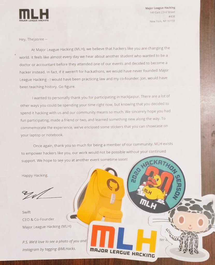 ThejasreeKilari's tweet photo. At last the wait is over. It was great taking part in @HackJaipur. Thanks to @MayankGoyal_, @MLHacks and @github for this 2020 Hackathon season and this great Swags. #hackathon #mlh #hackjaipur #swags https://t.co/iwTVL4bWed