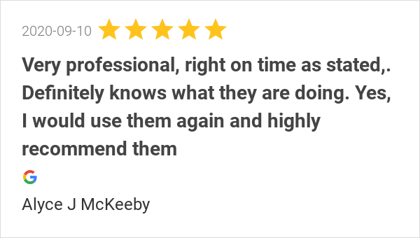 New 5.0-star Review: "This business I rate 10 plus! Very professional, right on time as stated,. Definitely...