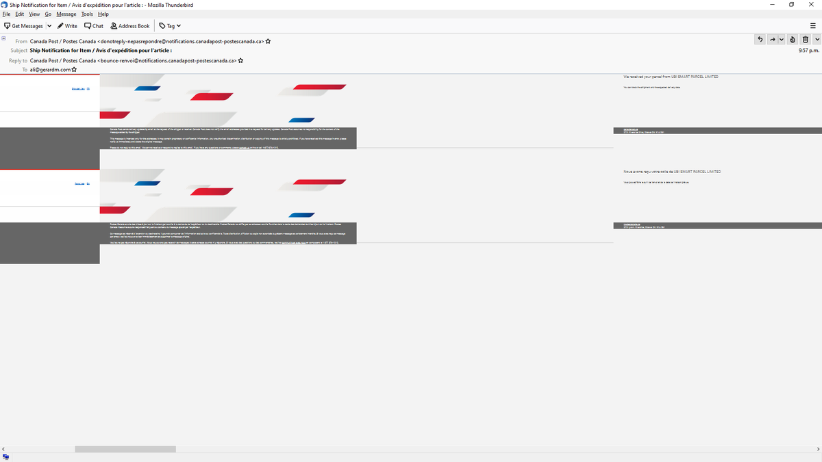 gerardmes's tweet photo. @canadaposthelps Why are your "Ship Notification for Item" e-mails so badly formatted as to be unreadable? This is how it shows up in Thunderbird. (I had to zoom out as far as possible to show the layout.) It's OK in browser but unusable in my e-mail client. https://t.co/exko4F5SLv