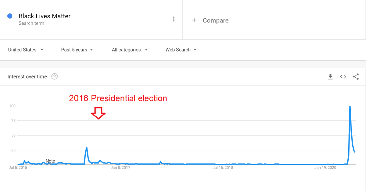 11) Racial inequality is generally not an issue of public concern except every four years when there is an election. Black Lives Matter is an irrelevant movement except in election years, as shown by this Google trend.