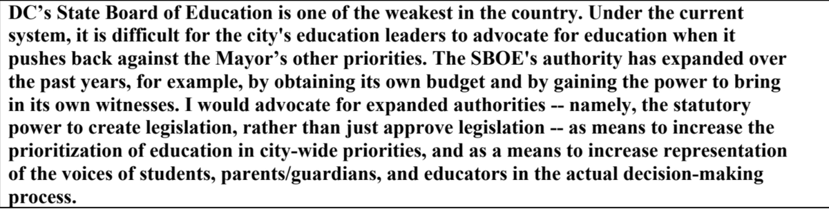 Ward 2 candidate  @AllisterChang calls for SBOE to have power to create legislation, not just approve it. Note: Currently  @DCSBOE SBOE actually CAN actually send the Chairman of the council a bill to introduce, but doesn't have initiation authority with OSSE- which is critical.