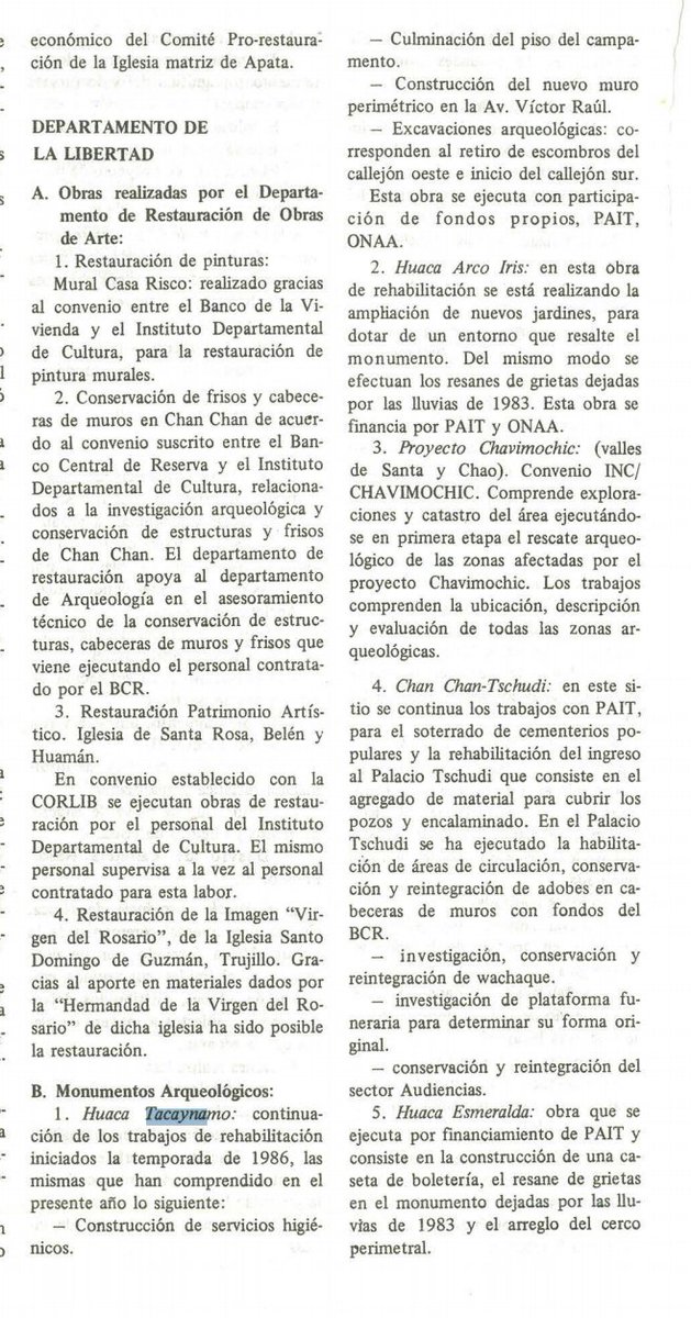 ey <a href="/MinCulturaPe/">Ministerio de Cultura del Perú</a> <a href="/alexperec/">Alejandro Neyra</a> Boletin 21 de la Direccion General de Patrimonio Cultural Monumental de la Nacion 1987. Labor en Tacaynamo 1986-87 y ahora dicen q x 1ra vez se va a trabajar en esa zona? Que Francisco Iriarte Brenner haya fallecido no significa q se olvide su trabajo.