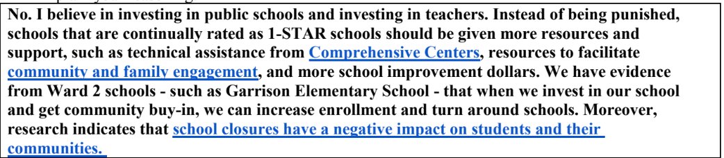 Ward 2 candidate  @Sarah_Mehrotra makes great points about the need to disaggregate SPED data & shine a light on how to better support schools & critically highlights how schools previously on track to close have turned around- showing the flaw in ratings used to advance closure.